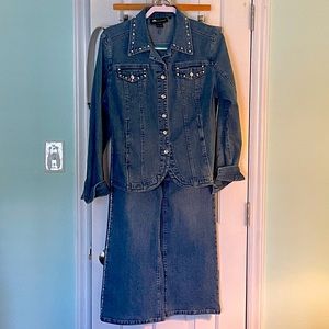 Christine Alexander studded jean jacket with jeans and white top.